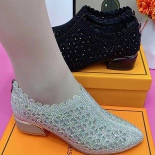 Elegant Frosted Full Diamond Hollow-out Chunky Heel
