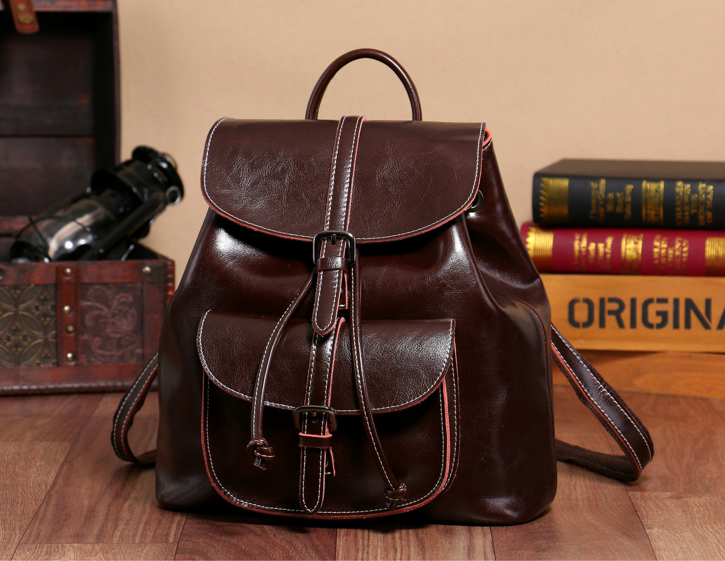 Korean Style Cowhide Pocket Pull-belt Backpack