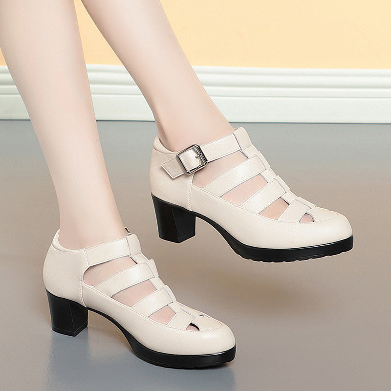 Closed Toe Sandals Summer Chunky Heel Woven Hollowed Ankle-strap Buckle Women's Shoes