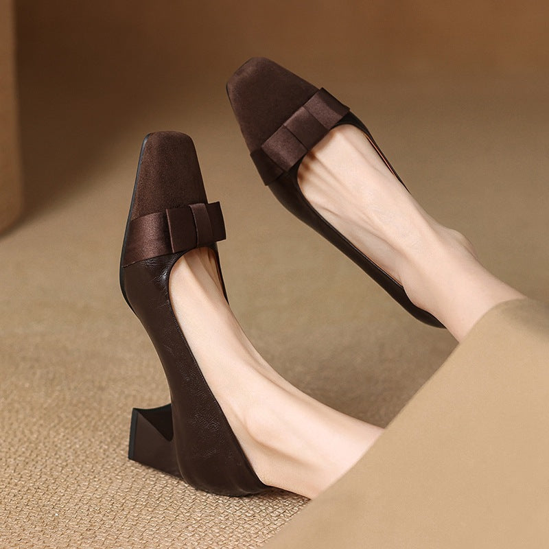 Retro Square Head Stitching Chunky Heel Pumps Women's Spring And Autumn New Bow Low-cut High Heels