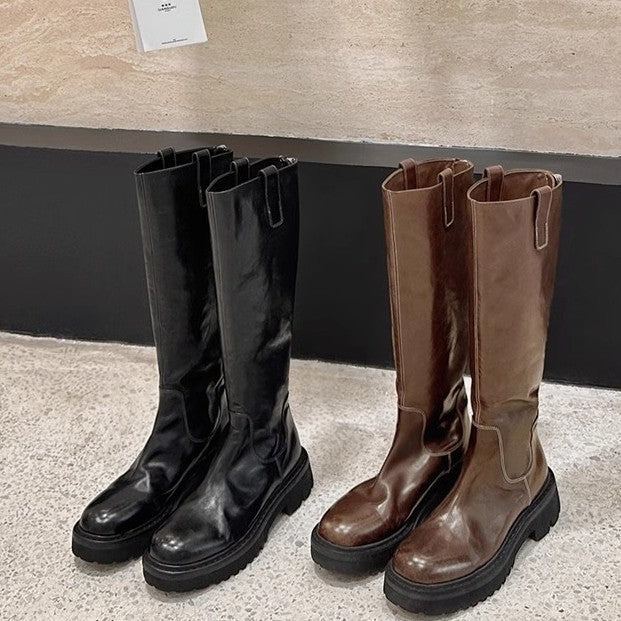 Round Head Thick Bottom Chunky Heel Long Tube Knight Boots