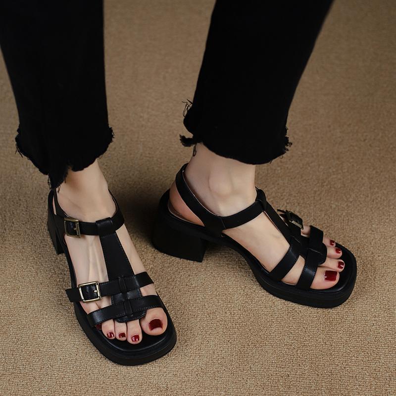 Women's T-buckle Open Toe Platform All-matching Chunky Heel Retro High Heel Sandals