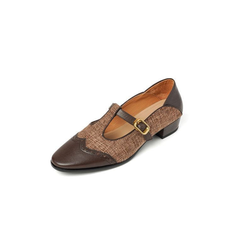 Pumps Women's Low-cut Chunky Heel Mary Jane Stitching T-strap