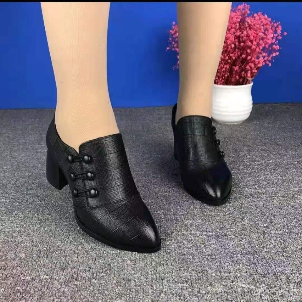 Spring And Autumn Single-layer Shoes Women's Shallow Mouth Pointed Toe Thick Heel Leather Shoes