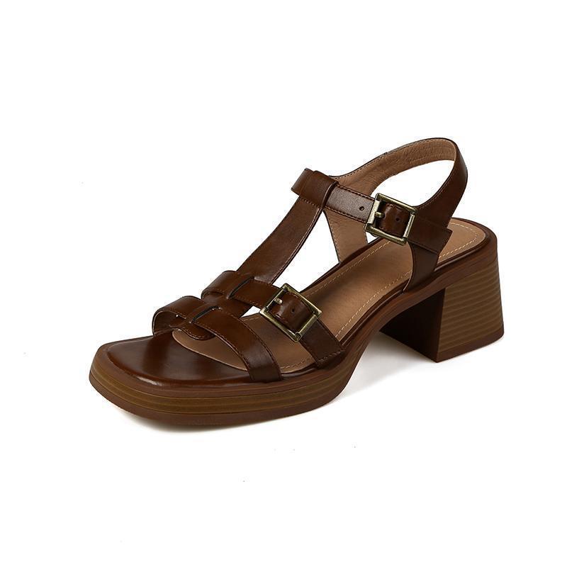 Women's T-buckle Open Toe Platform All-matching Chunky Heel Retro High Heel Sandals