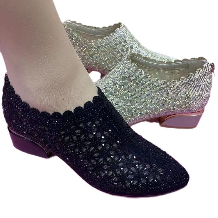 Elegant Frosted Full Diamond Hollow-out Chunky Heel