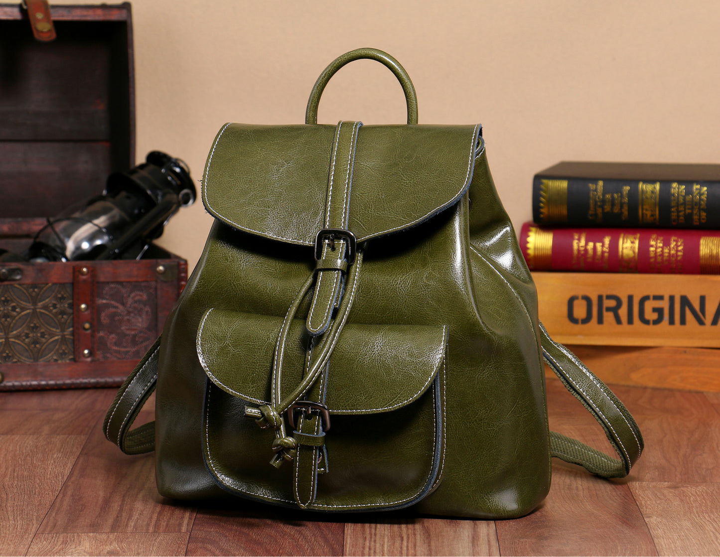 Korean Style Cowhide Pocket Pull-belt Backpack