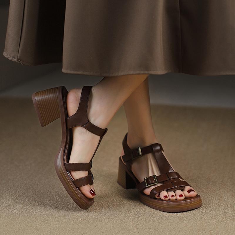 Women's T-buckle Open Toe Platform All-matching Chunky Heel Retro High Heel Sandals