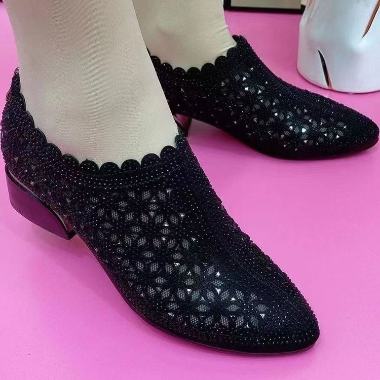 Elegant Frosted Full Diamond Hollow-out Chunky Heel