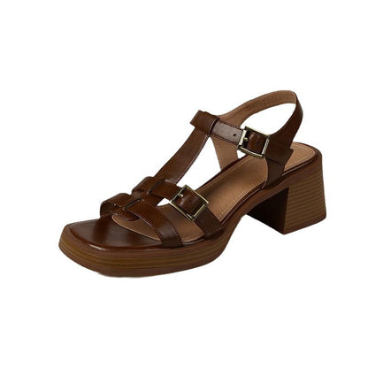 Women's T-buckle Open Toe Platform All-matching Chunky Heel Retro High Heel Sandals