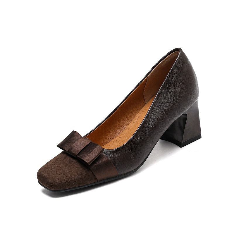 Retro Square Head Stitching Chunky Heel Pumps Women's Spring And Autumn New Bow Low-cut High Heels