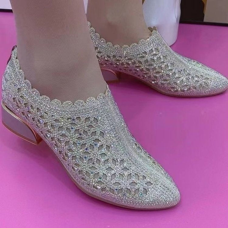 Elegant Frosted Full Diamond Hollow-out Chunky Heel