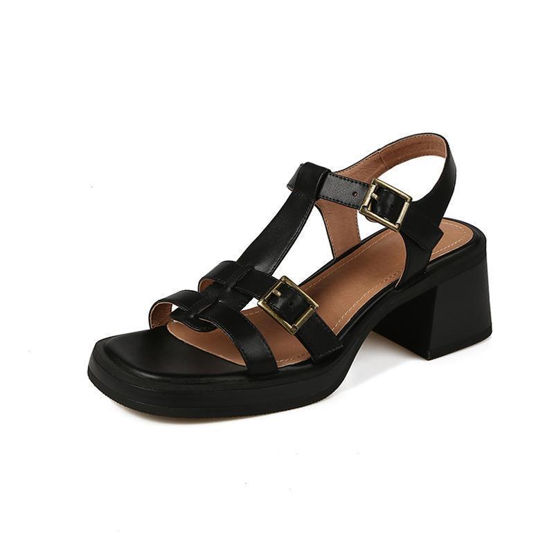 Women's T-buckle Open Toe Platform All-matching Chunky Heel Retro High Heel Sandals