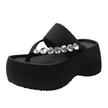 Women's Thick-soled Stylish Flip-flops Rhinestone Temperament Leisure Slippers