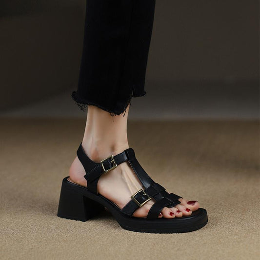 Women's T-buckle Open Toe Platform All-matching Chunky Heel Retro High Heel Sandals