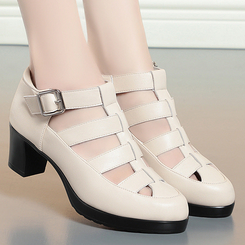 Closed Toe Sandals Summer Chunky Heel Woven Hollowed Ankle-strap Buckle Women's Shoes