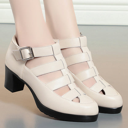 Closed Toe Sandals Summer Chunky Heel Woven Hollowed Ankle-strap Buckle Women's Shoes