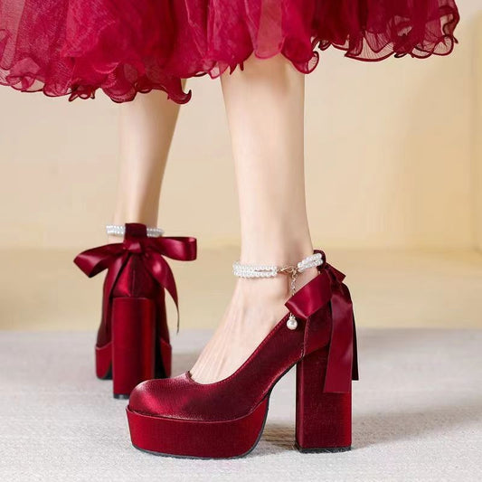 Waterproof Platform Women's Thick Heel Red Wedding Shoes