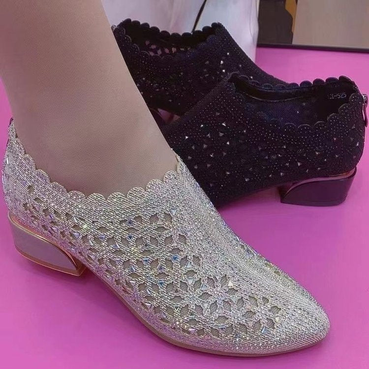 Elegant Frosted Full Diamond Hollow-out Chunky Heel