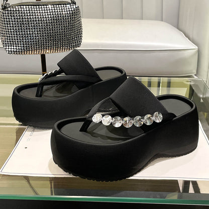 Women's Thick-soled Stylish Flip-flops Rhinestone Temperament Leisure Slippers